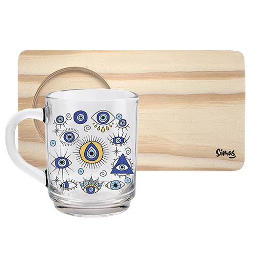 Caneca de Vidro com Suporte de Madeira - Olhos Gregos