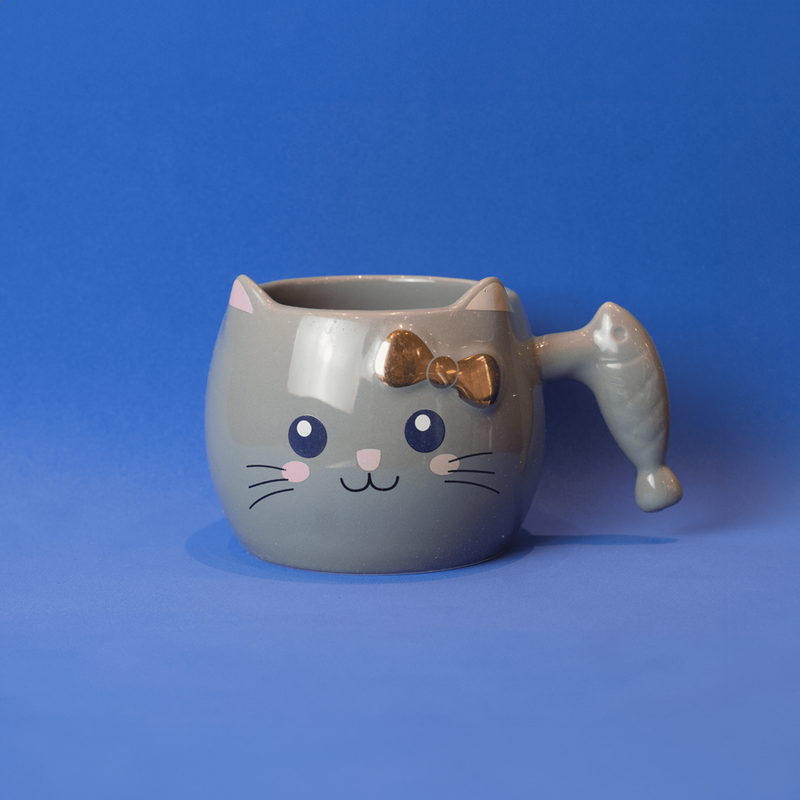 Caneca de Porcelana Cat Loves Fish - Cinza