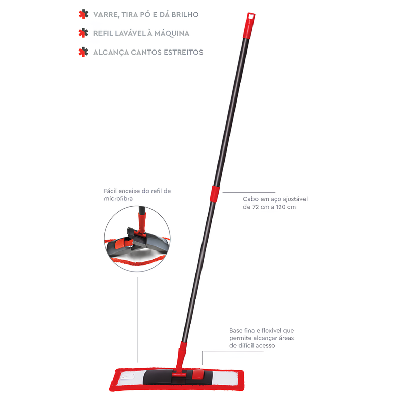 Mop Flat em Microfibra Ajustável Rodo para Limpezas Gerais 1,20m