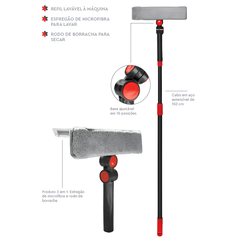 Limpa Vidros 2 em 1 Microfibra Cabo Acoplável 1,5m Esfregão e Rodo