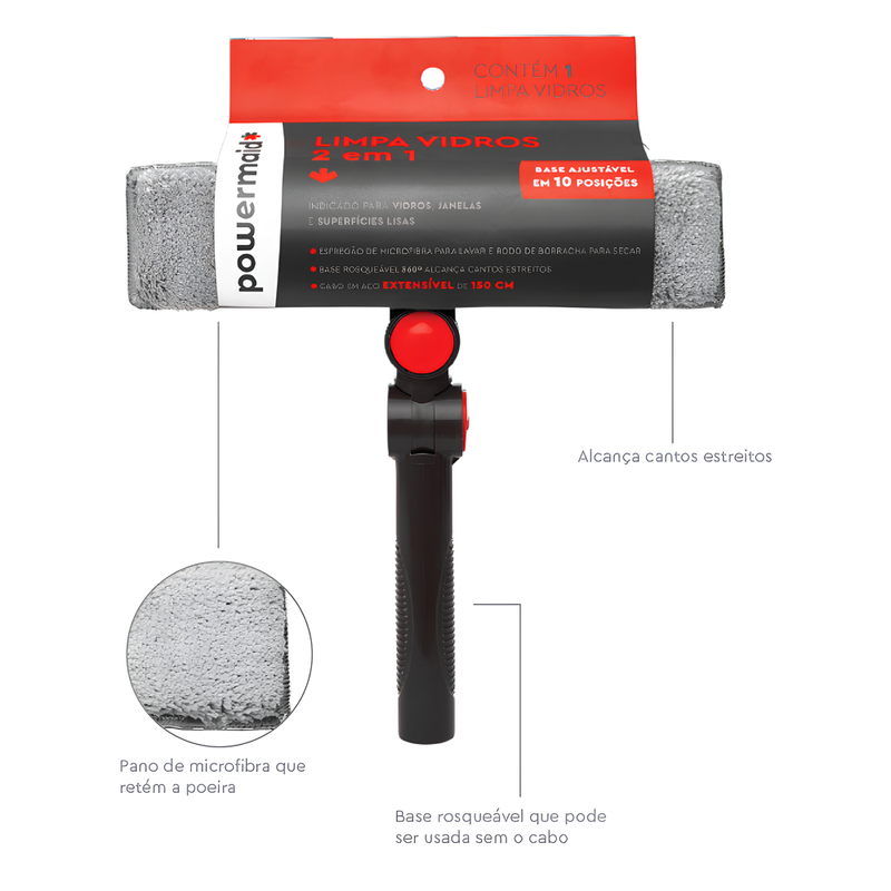 Limpa Vidros 2 em 1 Microfibra Cabo Acoplável 1,5m Esfregão e Rodo