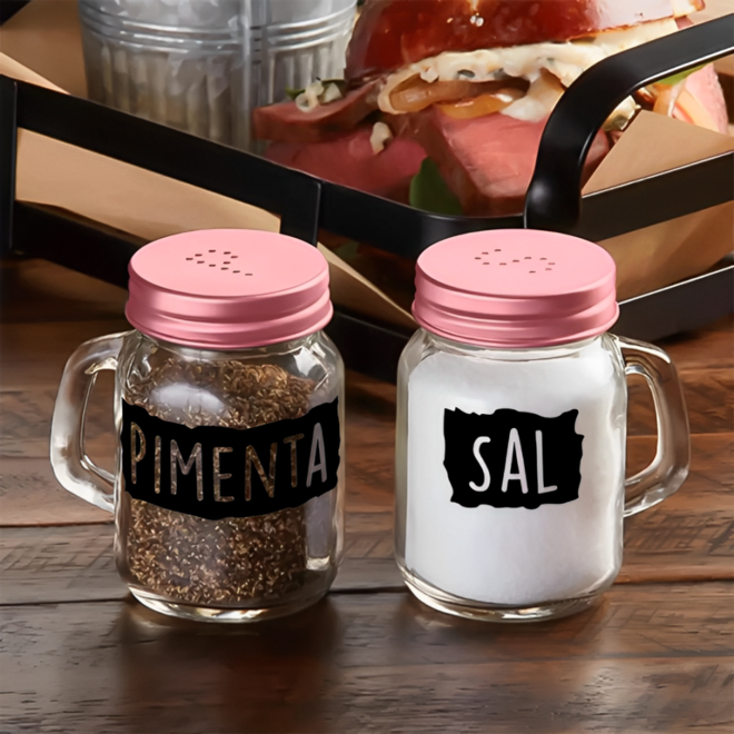 Kit 2 Potes Porta Mantimentos Sal e Pimenta Vidro e Inox Rose Gold